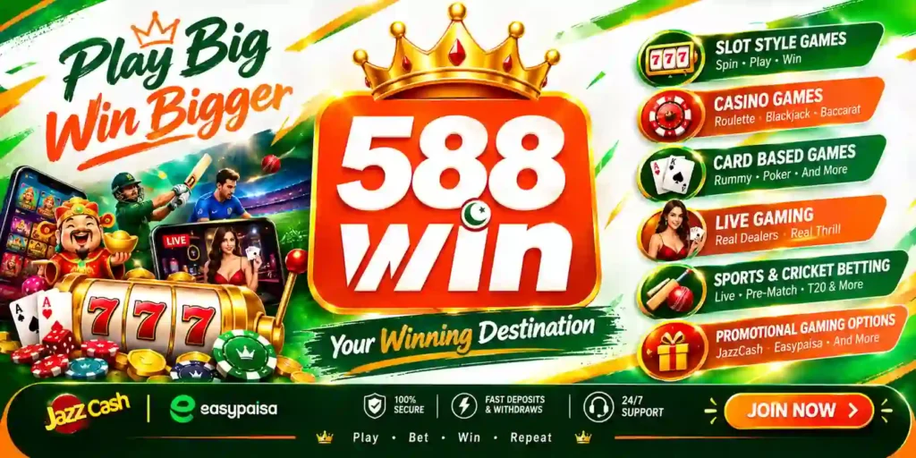 588PKR APK Win gaming banner with slots casino cards live gaming and sports