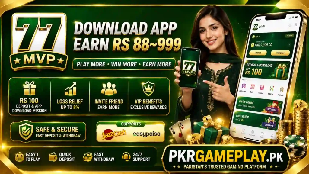77MVP Game download banner with app rewards and PKR payment options