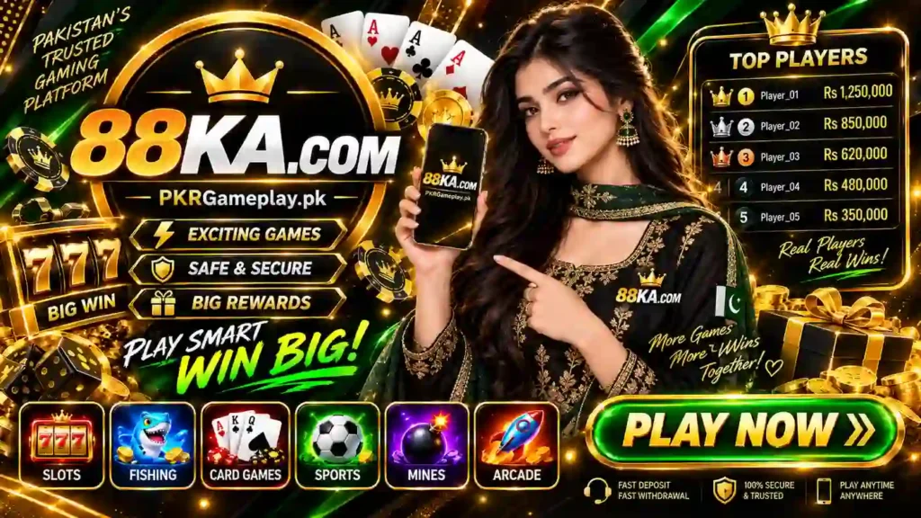 88KA Game promotional banner with casino games and Pakistani player