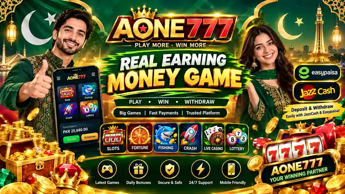Aone 777 Game banner with JazzCash Easypaisa and Pakistani gaming theme