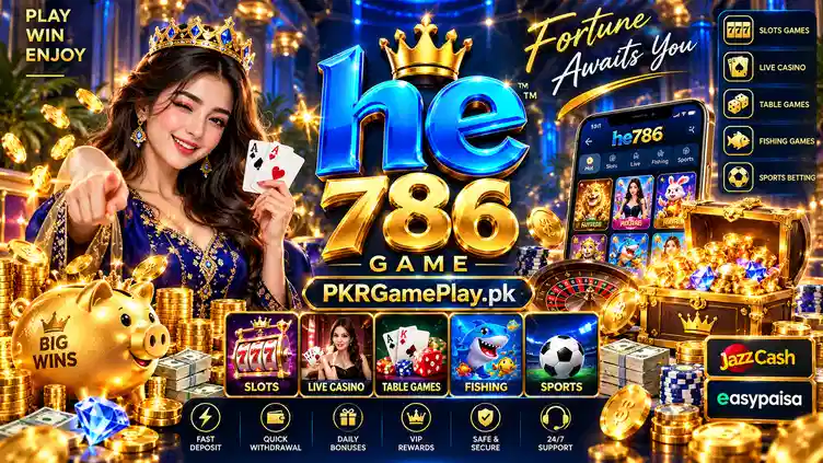 HE786 Game Pakistan banner with slots, fortune wheel, piggy bank, rewards and PKRGamePlay.pk