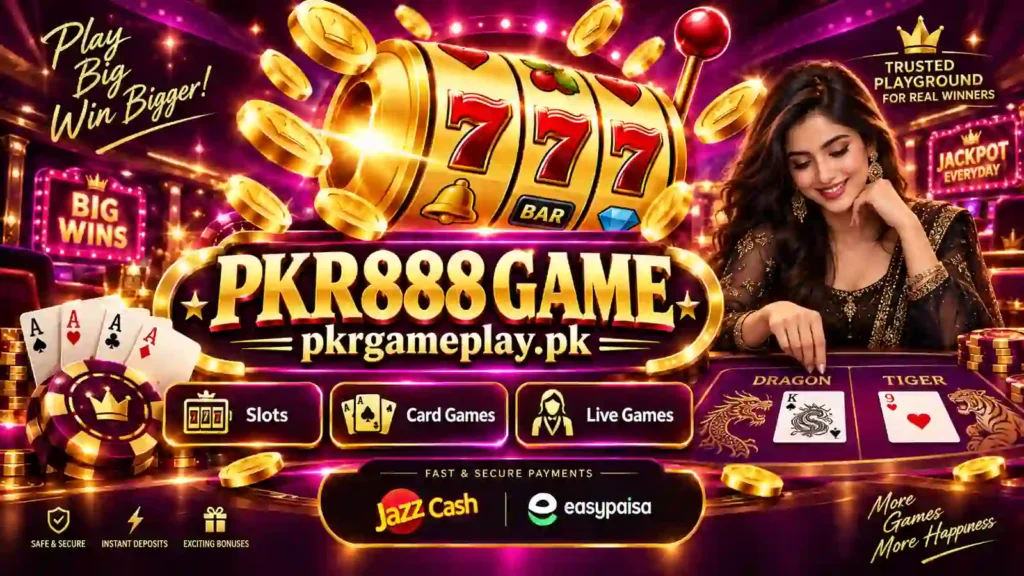 PKR888 Game Pakistan banner with Dragon Tiger, slots, JazzCash and Easypaisa