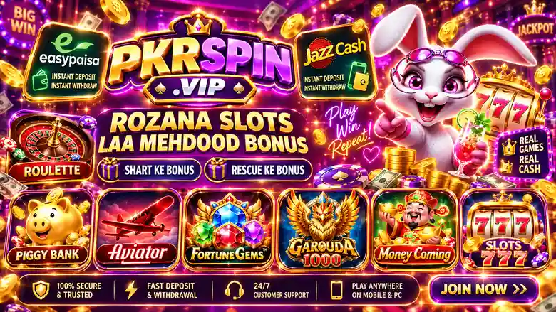 PKRSPIN VIP promotional banner featuring a white bunny mascot, 777 slots, Aviator, roulette, Piggy Bank, Fortune Gems, Garouda 1000, Money Coming, JazzCash and Easypaisa in a purple and golden casino theme.