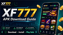 ALT text: XF777 APK download guide banner showing install, deposit and withdrawal steps