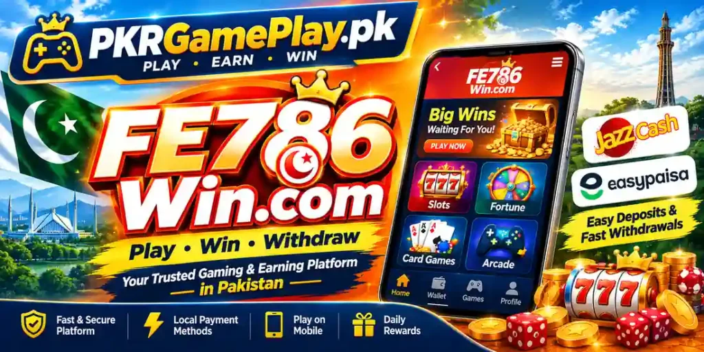 FE 786 Win.com game banner with PKRGamePlay.pk JazzCash and Easypaisa