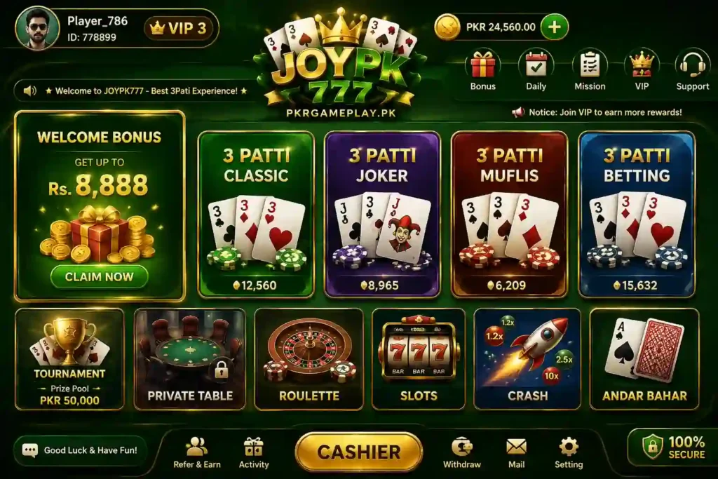 JOYPK777 Game lobby with 3 Patti games in Pakistan